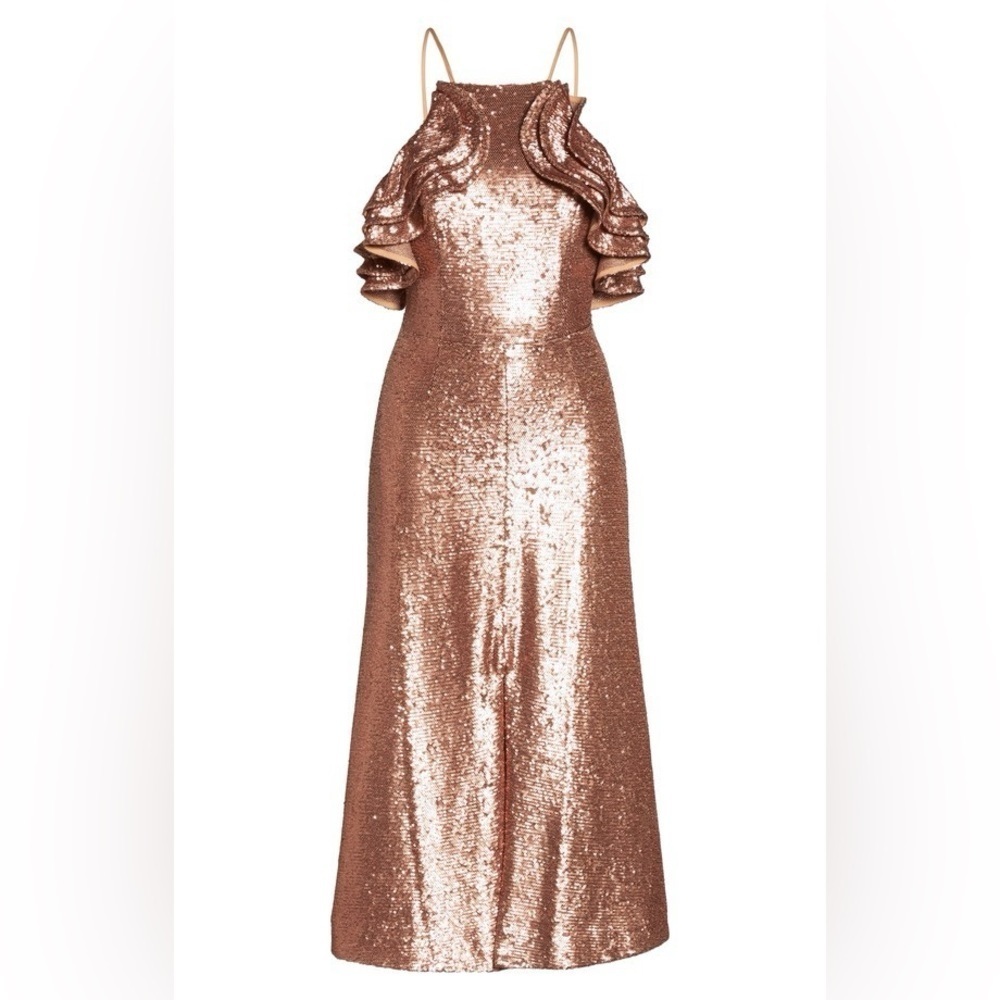 NWT C/MEO Collective Illuminated Sequin Ruffle Midi Dress | Copper Rose Gold | S - Picture 5 of 12